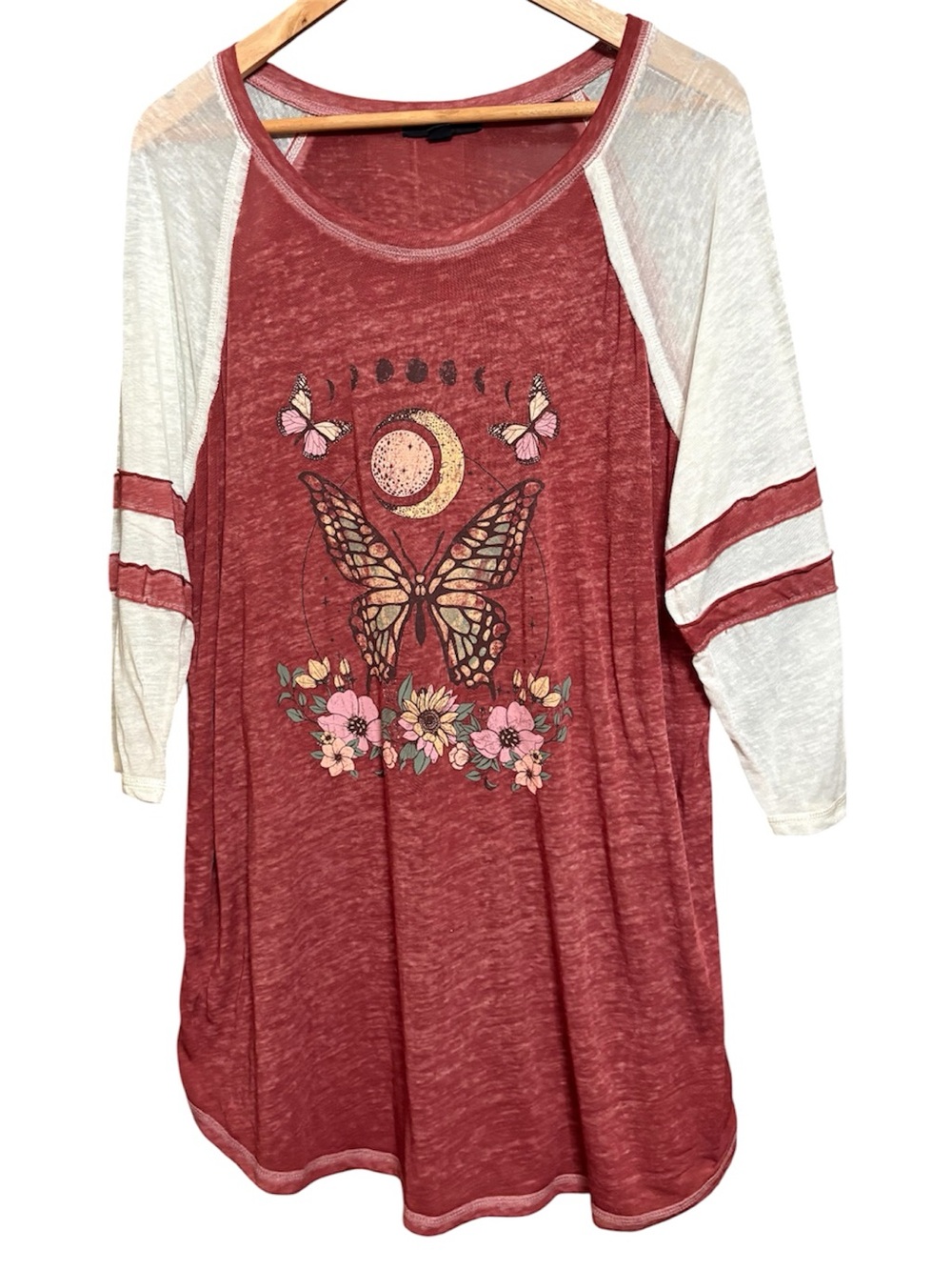 Cactus + Pearl Boho Butterfly Moon Graphic Top Burgundy Long Sleeve 2X